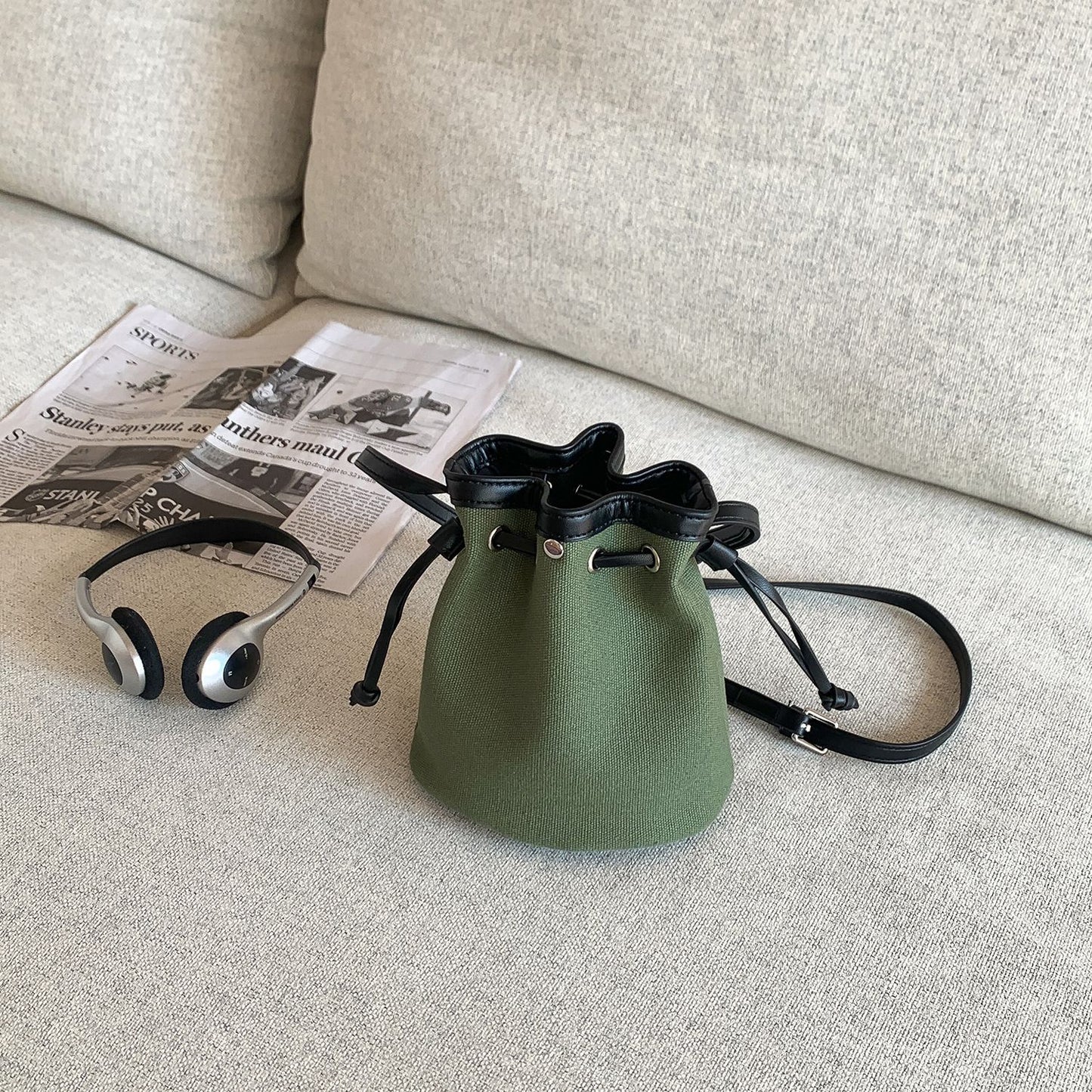 Women's Drawstring Ruffle Canvas Stitching High-grade Niche Bucket Bags