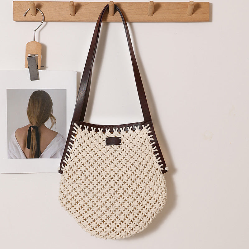 Fashion Geometric Straw Niche Stitching Hollow Woven Women's Shoulder Bag