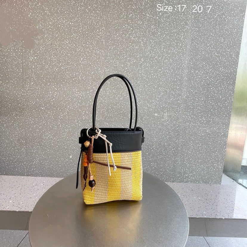 Cowhide Woven Female Lafite Straw Cross Body Striped Mobile Phone Bags