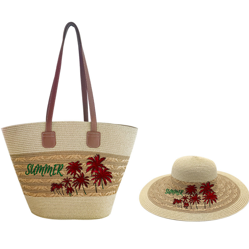 Fashionable Coconut Print Straw Woven Hat Set Vacation Women's Shoulder Bag