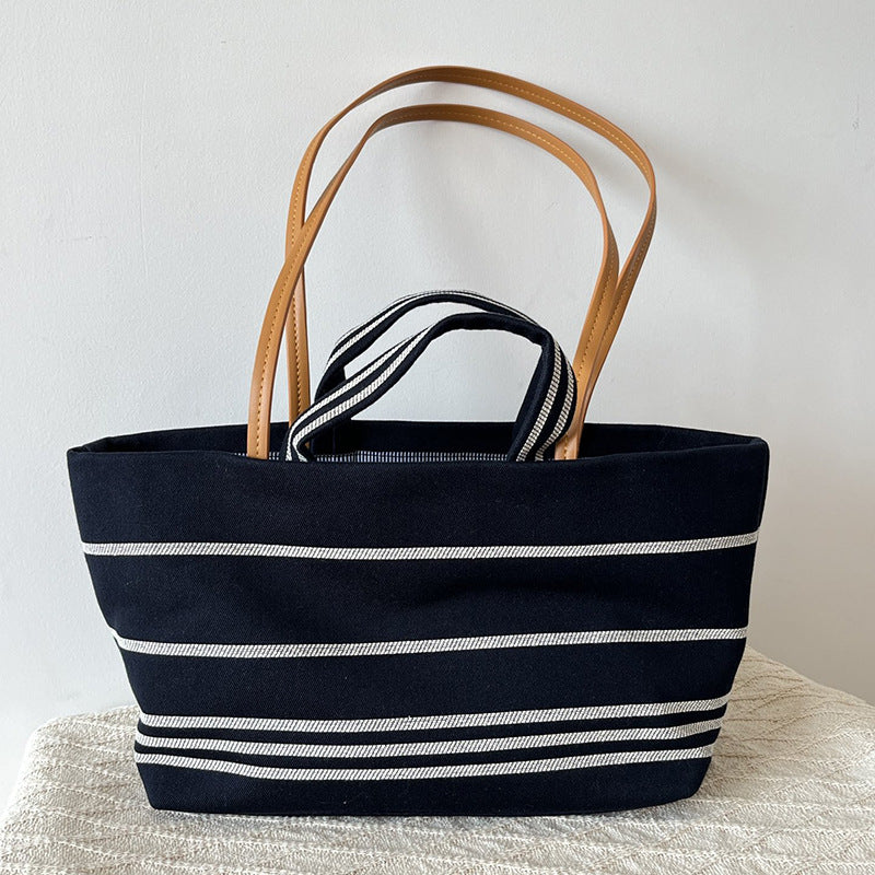 Women's One Retro Canvas Striped Beach Commuter Large Capacity Tote Bag