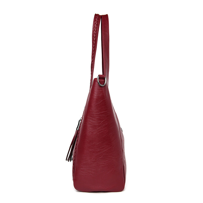 Women's Weave Large Capacity Tassel Soft Leather Commuter Tote Bag