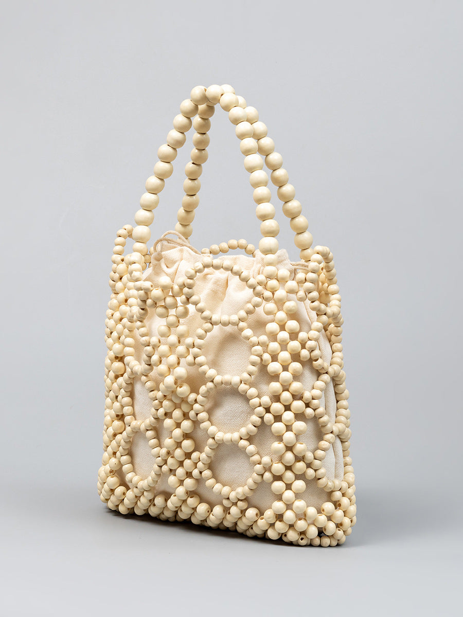 Women's Wooden Beads Decoration Contrast Color Hand-woven Large Handbags
