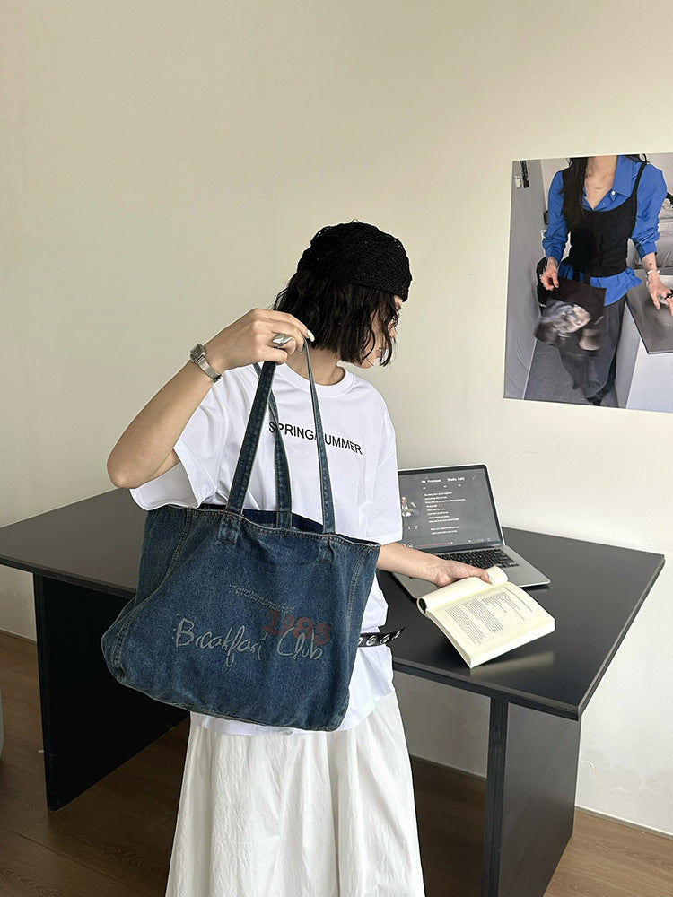 Simple Washing Water Denim Western Style Printing Large Women's Shoulder Bag