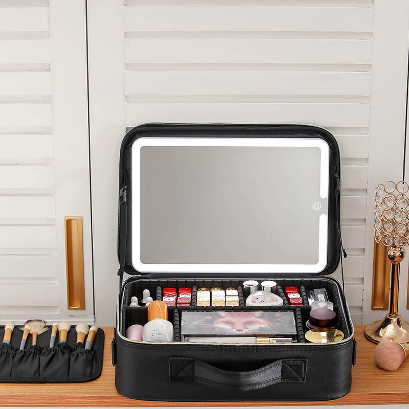 With Light Portable Storage Box Mirror Makeup Bag