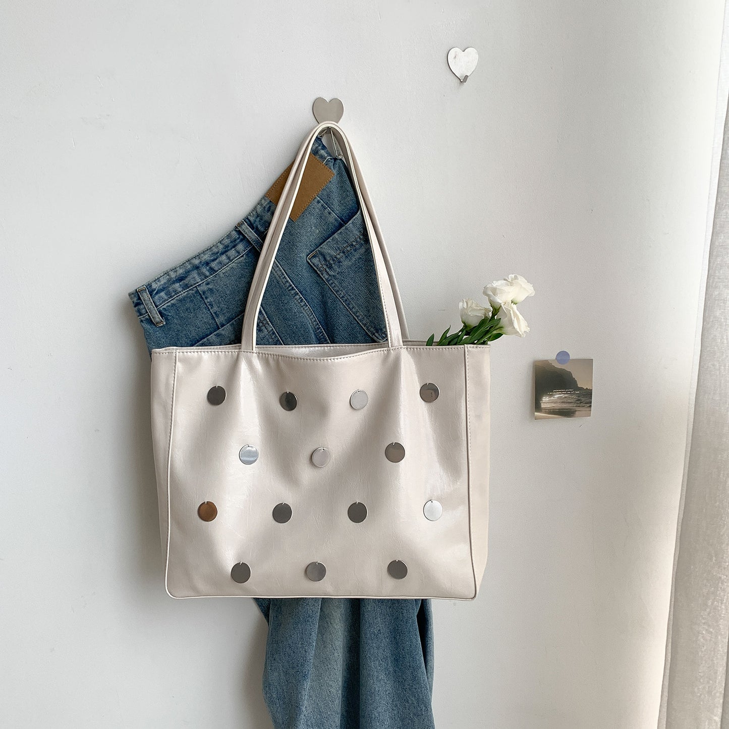 Metal Polka Dot Soft Leather Large Capacity Female Women's Shoulder Bag