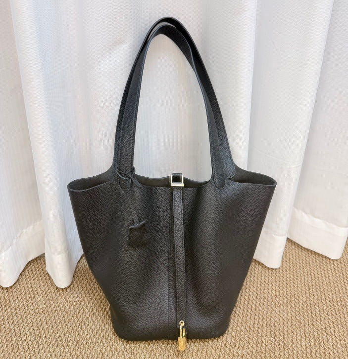 Women's Portable Classic Genuine Leather Vegetable Basket Lychee Pattern Simple Latch Women's Shoulder Bag