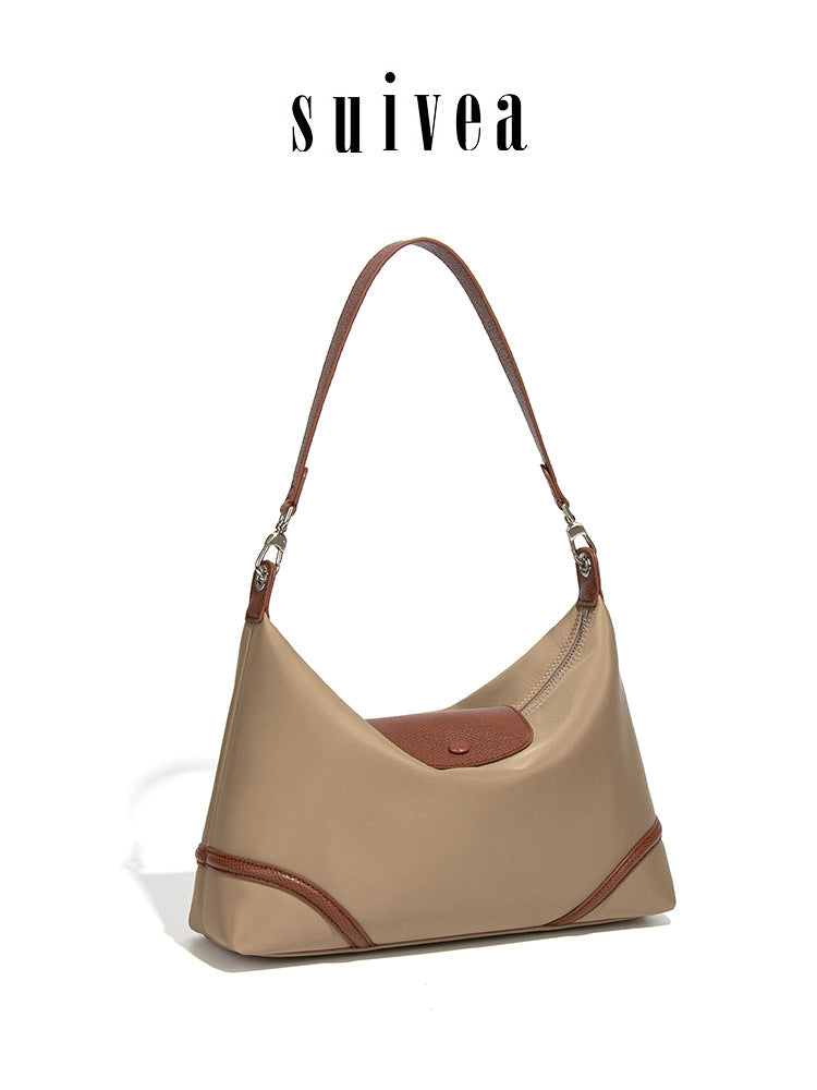 Idle Style One Underarm Nylon Leather Patchwork Flip Dumpling Tote Bag