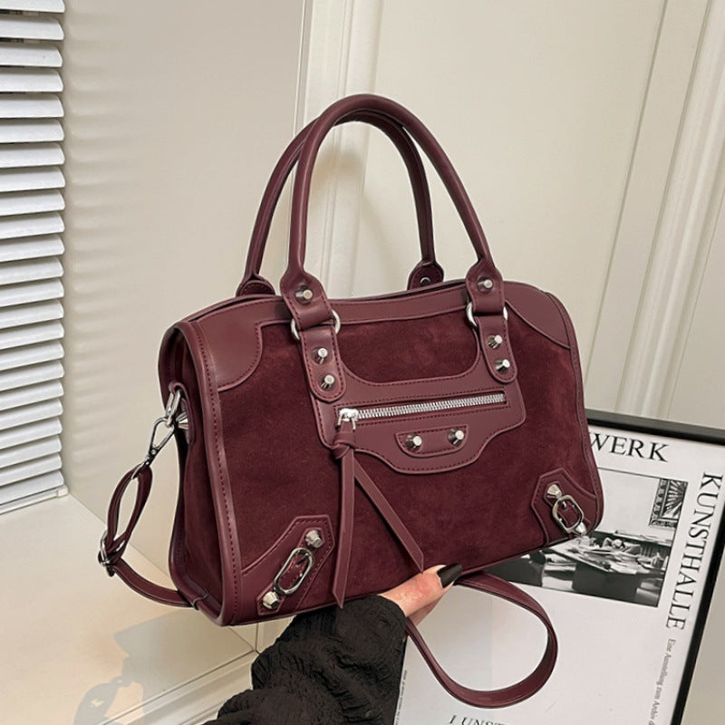 Women's Style Retro Motorcycle Winter Suede Contrast Color Women's Shoulder Bag