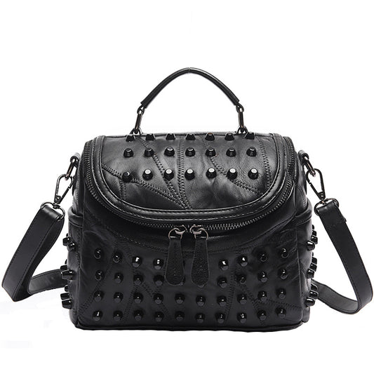 Women's Stitching Sheepskin Fashion Rivet Design Soft Leather Large Women's Shoulder Bag