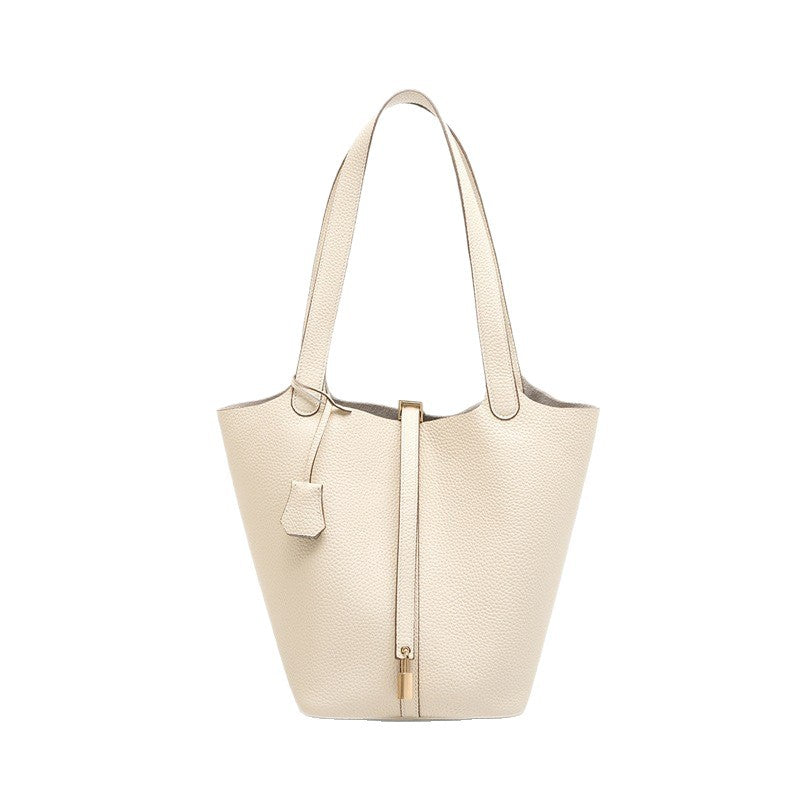 Women's Portable Classic Genuine Leather Vegetable Basket Lychee Pattern Simple Latch Women's Shoulder Bag