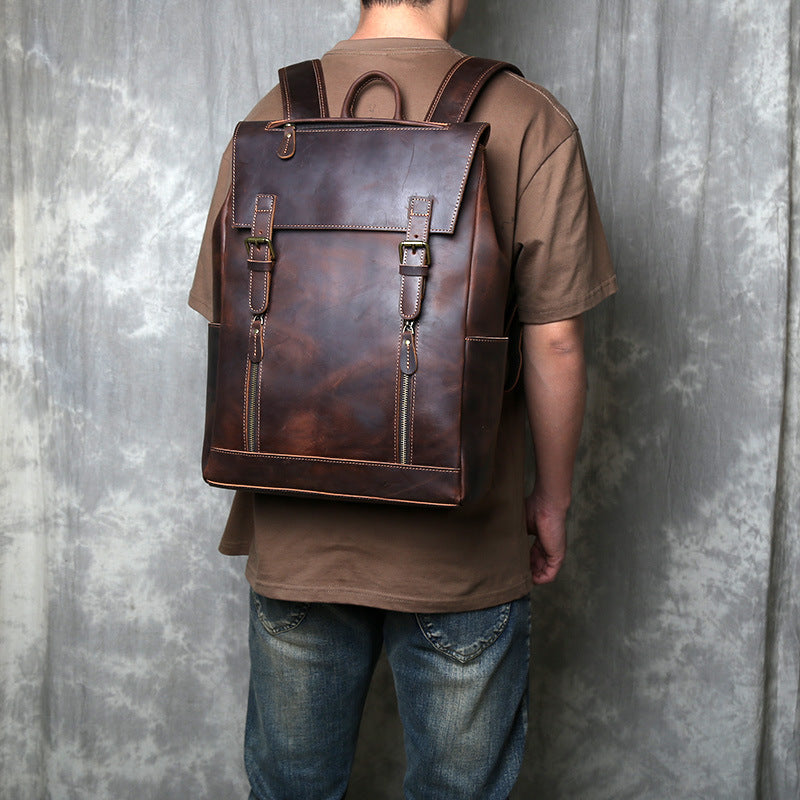 Men's Top Layer Crazy Horse Skin Genuine Leather Large Capacity Backpacks