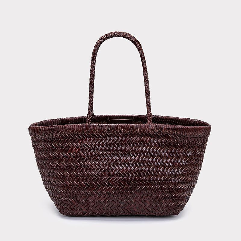 First Layer Cowhide Woven French Style Vegetable Tote Bag