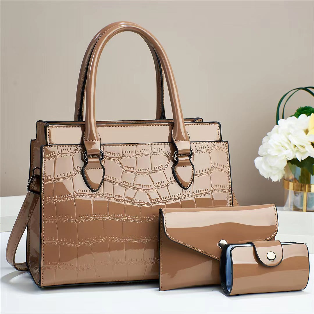 Temperament Fashion Bright Leather Three-piece Set Elegant Large Women's Handbag