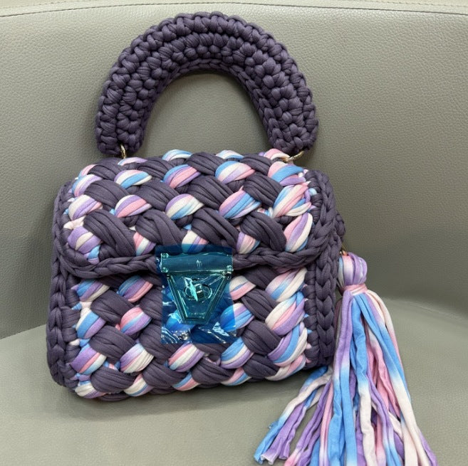 Contrast Color Handmade Finished Strip Thread Wool Bearded Bags