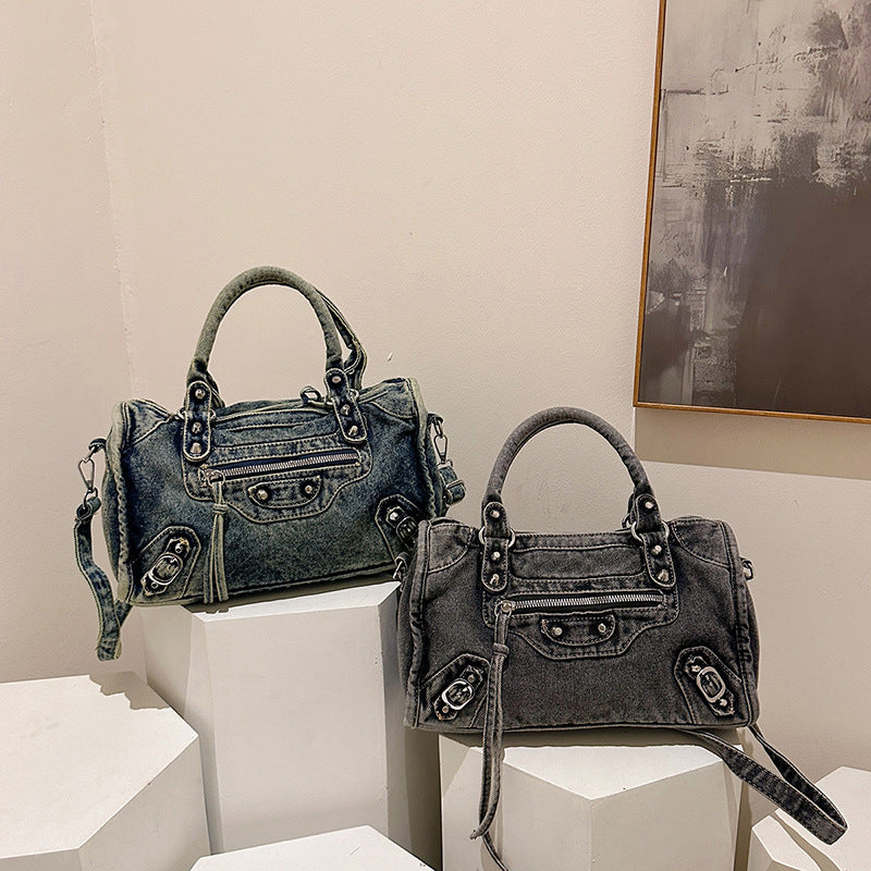 Retro Denim Motorcycle Style Rivet Niche Personality Tote Bags