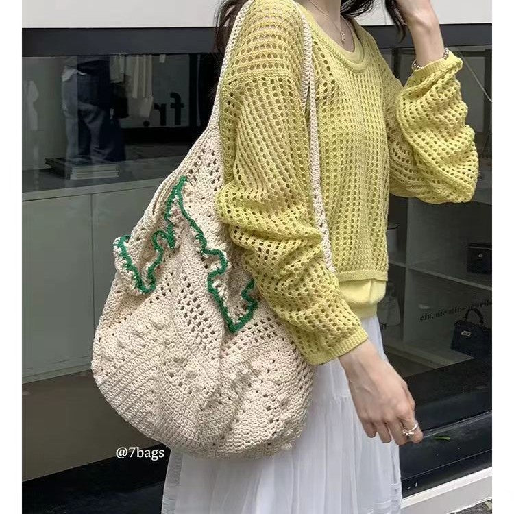 Letter Solid Color Lace Cutout Woven Women's Shoulder Bag