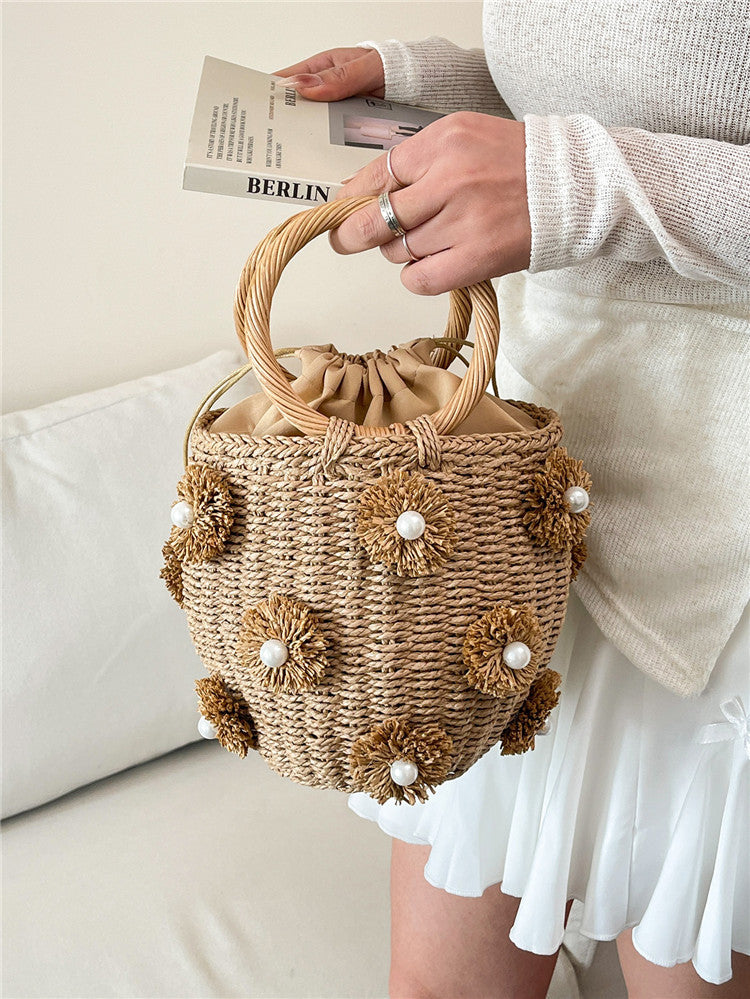 Women's Summer Straw Fresh Flower Pearl Decorative Portable Basket Women's Handbag