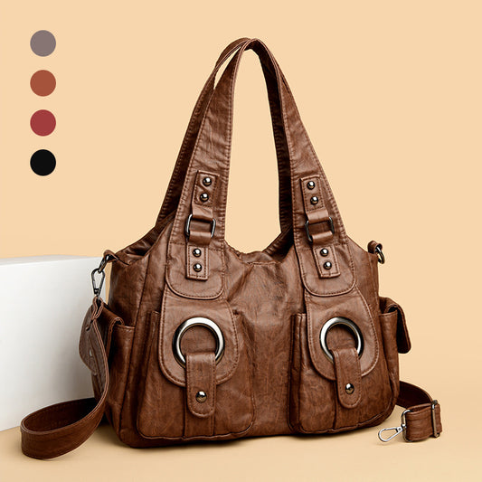Women's Washed Leather Large Capacity Soft Retro Rivet Women's Shoulder Bag