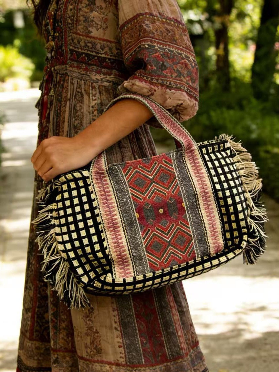 Women's Tassel Retro Geometric Pattern Large Capacity Totes Handbags