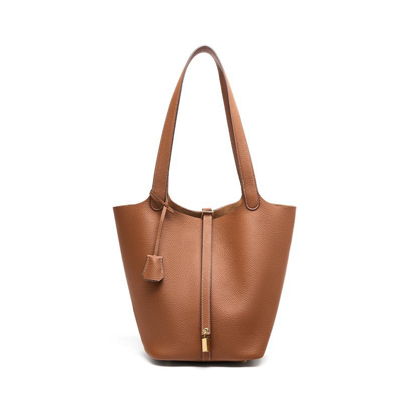 Women's Portable Classic Genuine Leather Vegetable Basket Lychee Pattern Simple Latch Women's Shoulder Bag