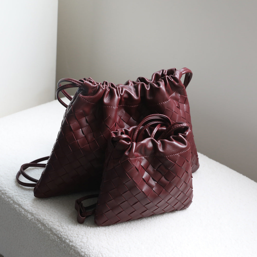 Women's Sheepskin Woven Dumpling Garbage Genuine Leather Drawstring Underarm Hand Holding Women's Shoulder Bag