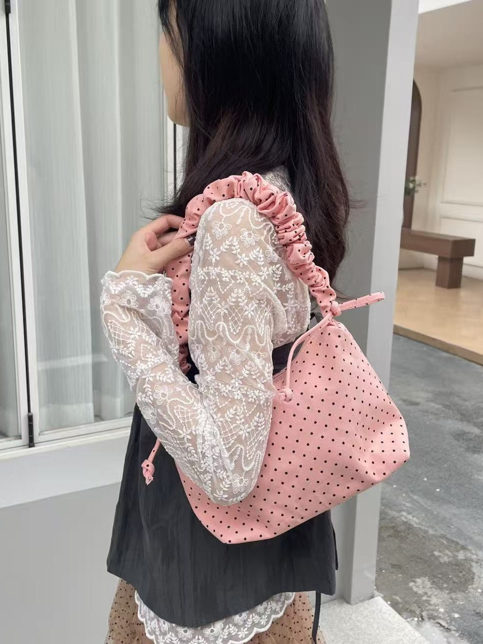 Women's Fashionable Polka Dot Drawstring Ruffle Adjustable Strap Convenient Shoulder Bags