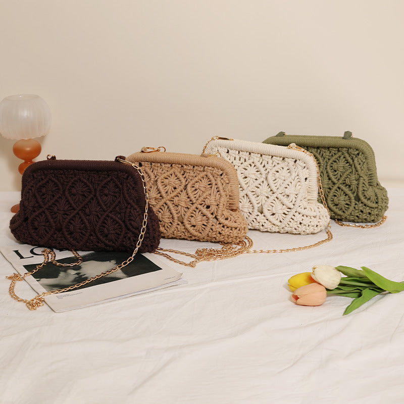 Cotton Thread Woven Solid Color Diamond Clip Straw Bags