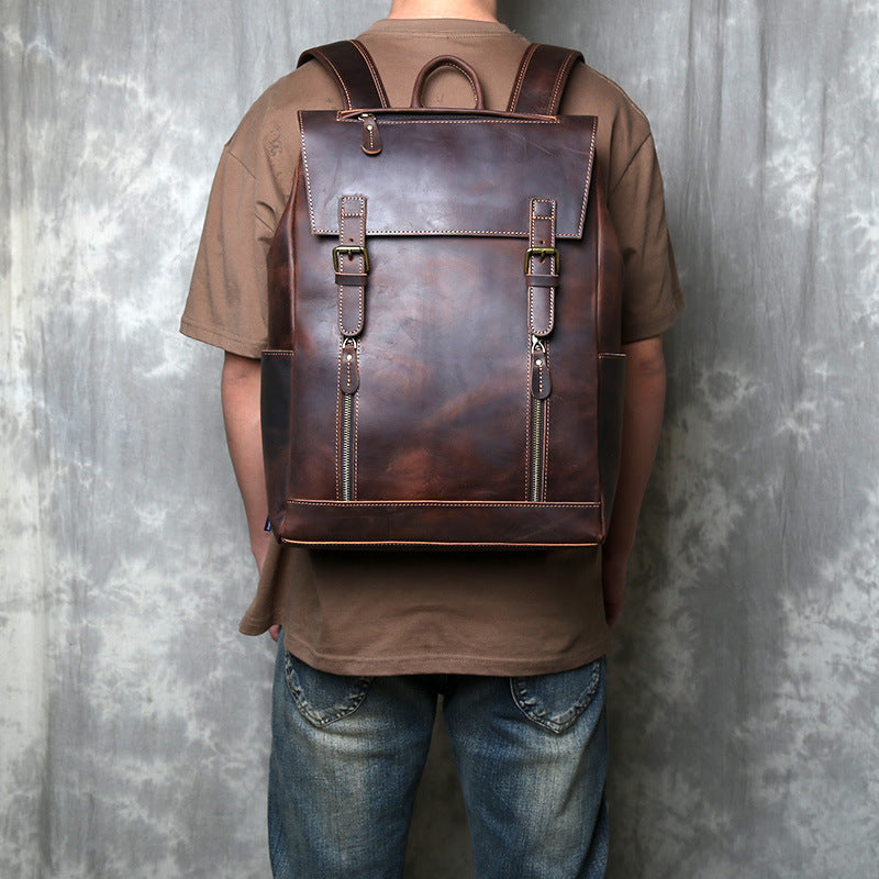 Men's Top Layer Crazy Horse Skin Genuine Leather Large Capacity Backpacks