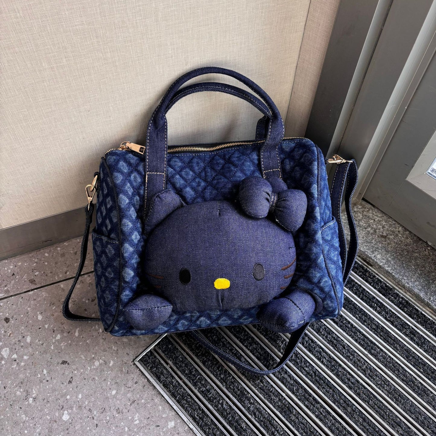 Style Black Leather Cat Rhombus Pillow Denim Personalized Doll Women's Shoulder Bag