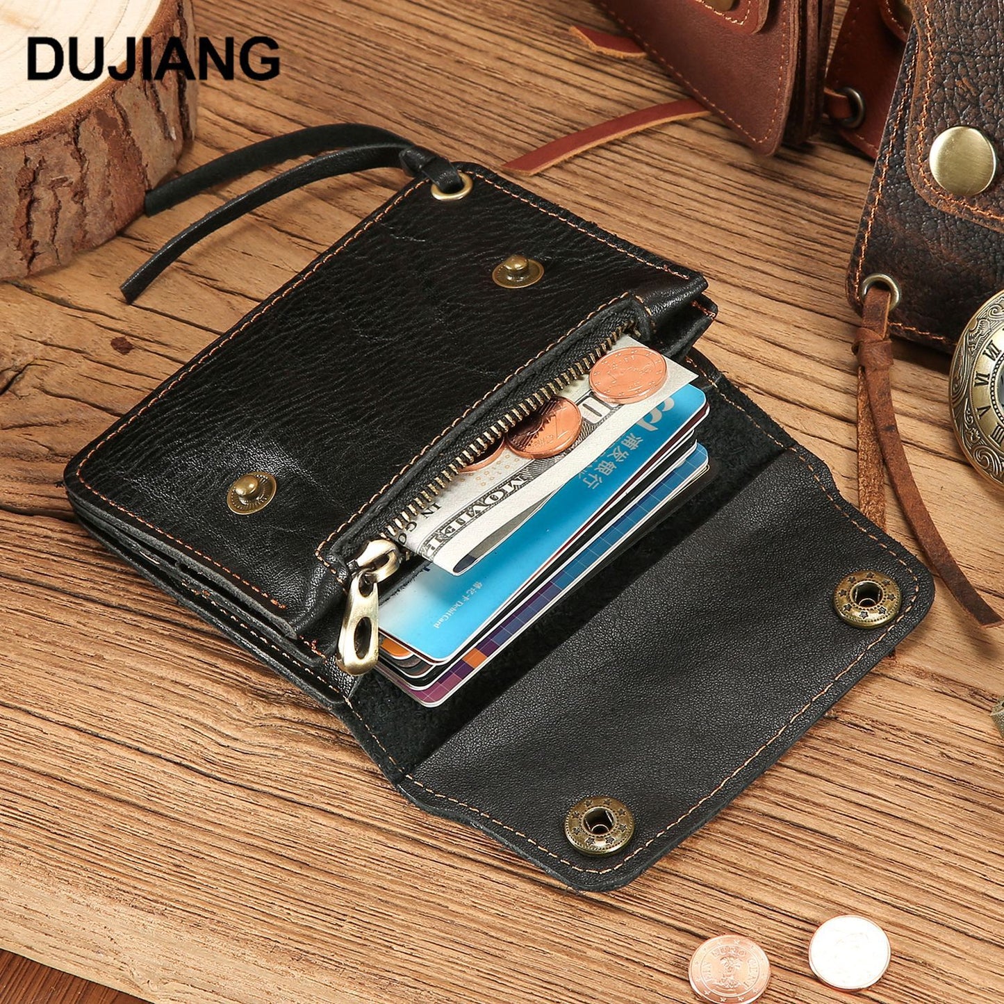Layer Cowhide Magnetic Snap Zipper Portable Leather Card Pack Card Sleeve