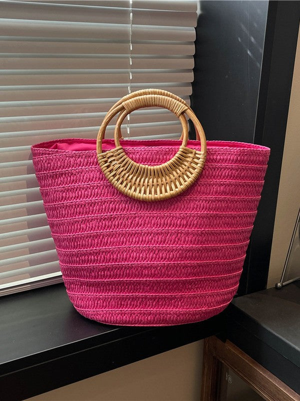 Women's Hand-woven Seaside Style Straw Large Capacity Round Portable Beach Tote Bag