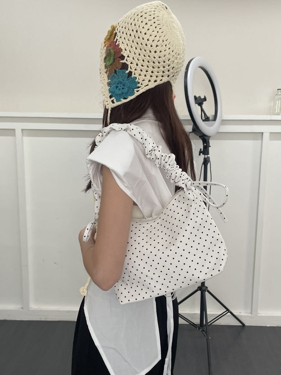 Women's Fashionable Polka Dot Drawstring Ruffle Adjustable Strap Convenient Shoulder Bags