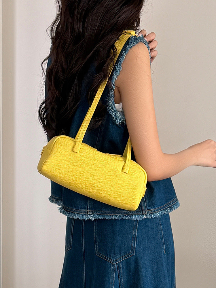 Women's Bowling Genuine Leather Baguette Underarm Niche First Layer Cowhide Women's Shoulder Bag