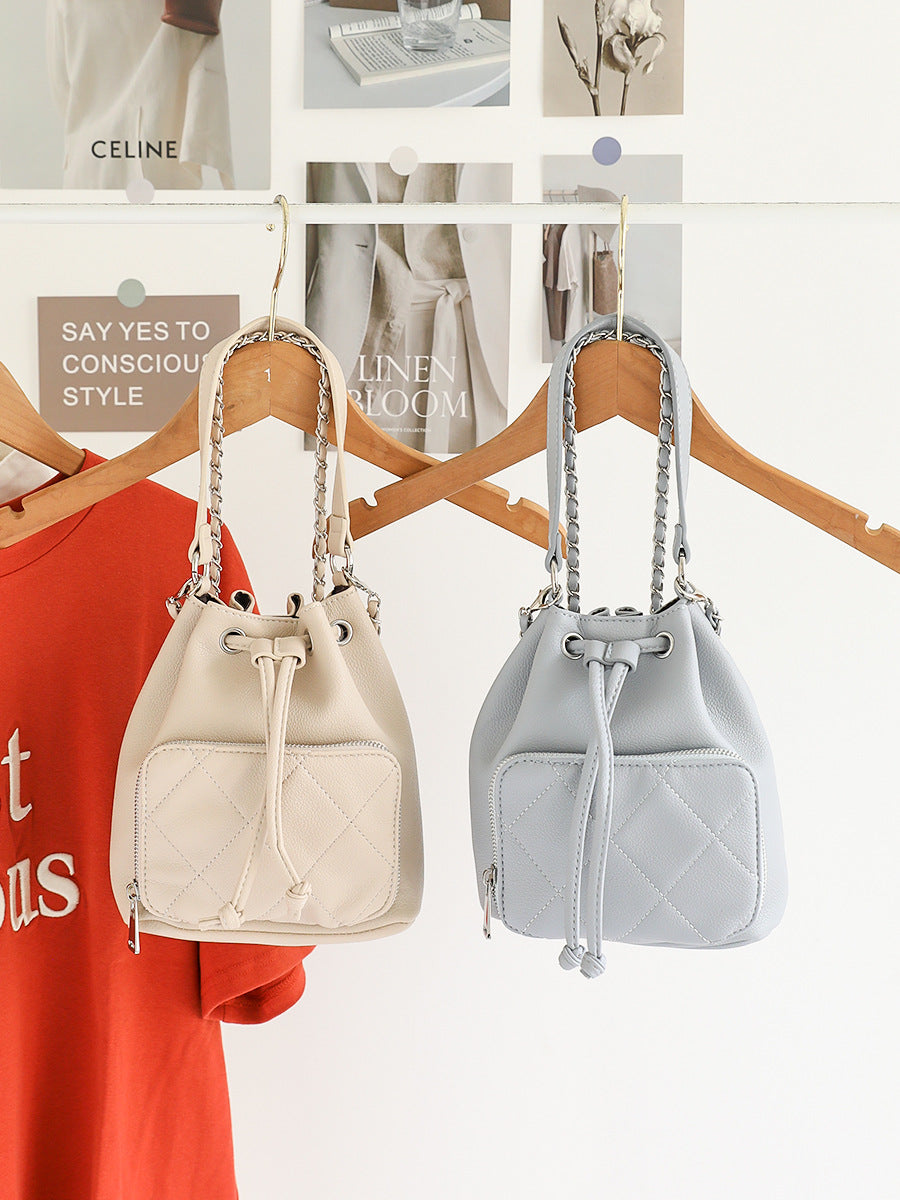 Korean Style Chain Design Drawstring Diamond Bucket Bag