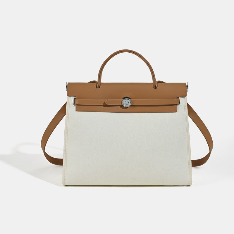 Women's Kelly Color Block Canvas Handmade Leather Large Women's Handbag
