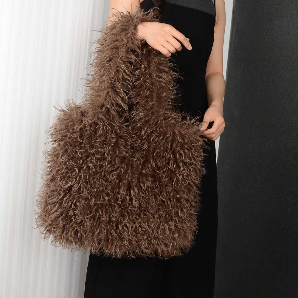 Women's Imitation Fur Tan Sheep Plush Portable Large Capacity Totes Bags