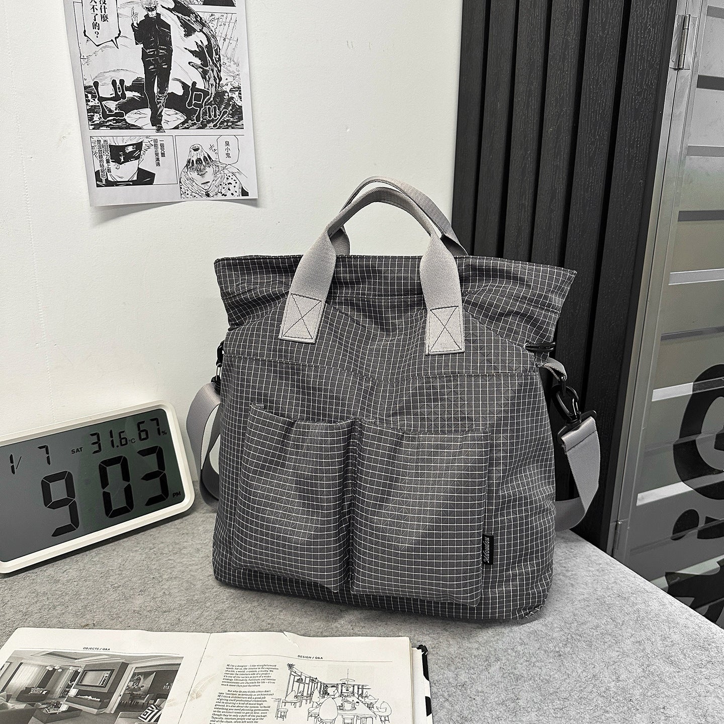 Green Plaid Canvas Large Capacity Portable Tote Bag