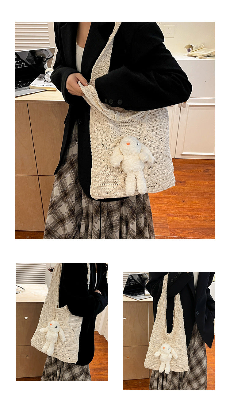 Knitted Female Korean Rabbit Pendant Commute Women's Messenger Bag
