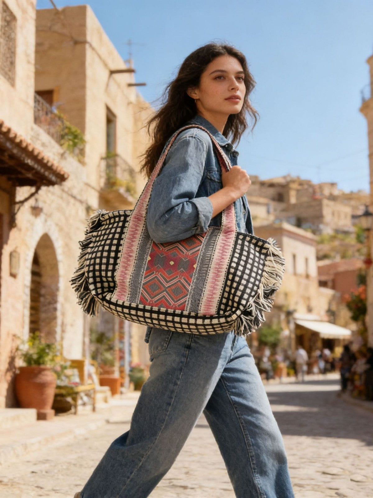 Women's Tassel Retro Geometric Pattern Large Capacity Totes Handbags