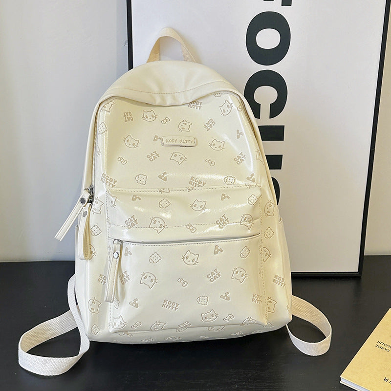 Women's Soft Leather Printed Cat Commute College Women's Backpack