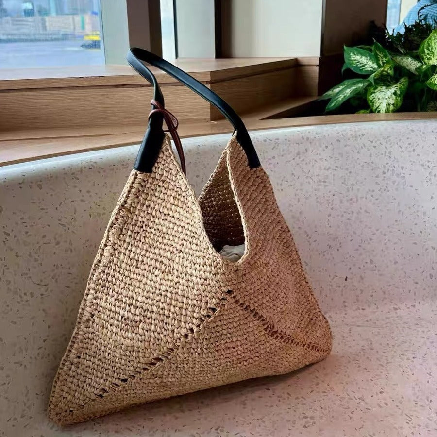 Slouchy Fashion Straw Triangle Design Trendy Tote Bag