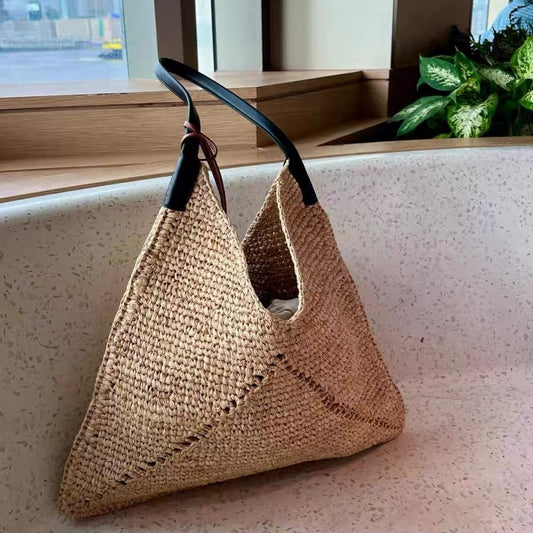 Slouchy Fashion Straw Triangle Design Trendy Tote Bag
