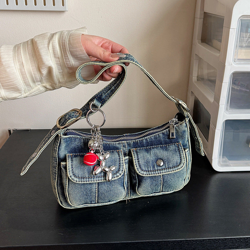 Retro Distressed Denim Little Hot Baguette Underarm Bag