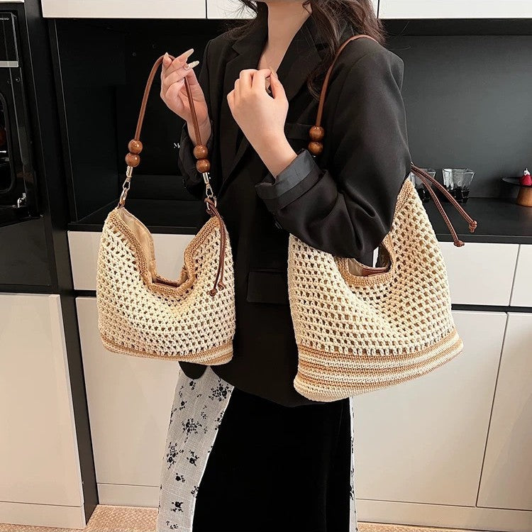 Style Cotton Thread Weaving Hollow Trendy Korean Beaded Straw Woven Women's Shoulder Bag