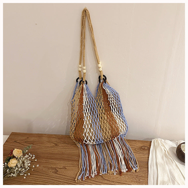 Women's Tassel Portable Woven Large Capacity Beach Vacation Niche Color Matching Women's Shoulder Bag