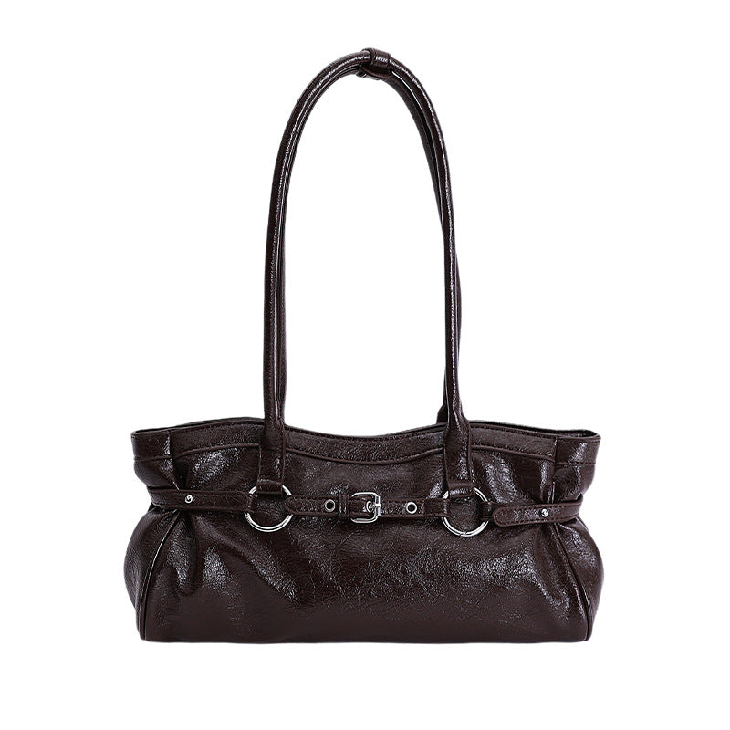 Women's Retro Style Niche Motorcycle Portable Baguette Commuting Shoulder Bags
