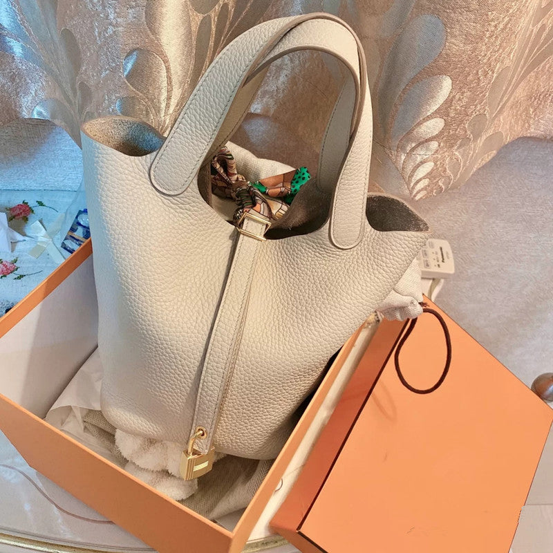 Women's Pattern Cowhide Vegetable Basket Portable High-grade Genuine Bucket Bag
