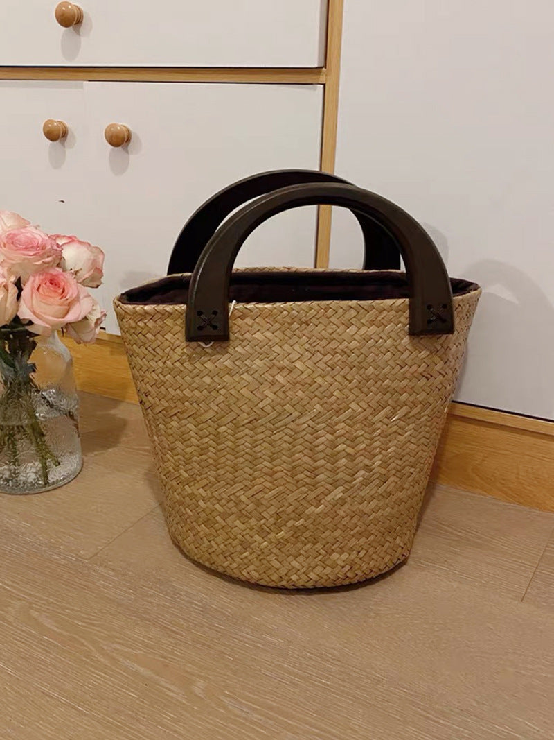 Women's Straw Rattan Woven Art National Style Portable Bucket Bags