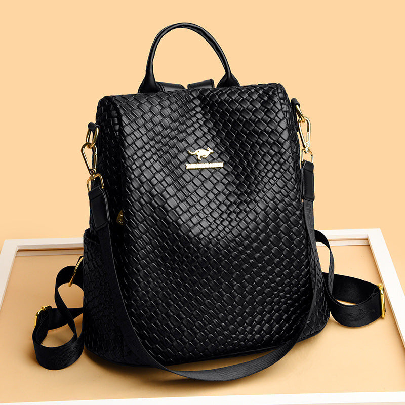 Women's Woven Leather Korean Stylish Versatile Large Women's Backpack